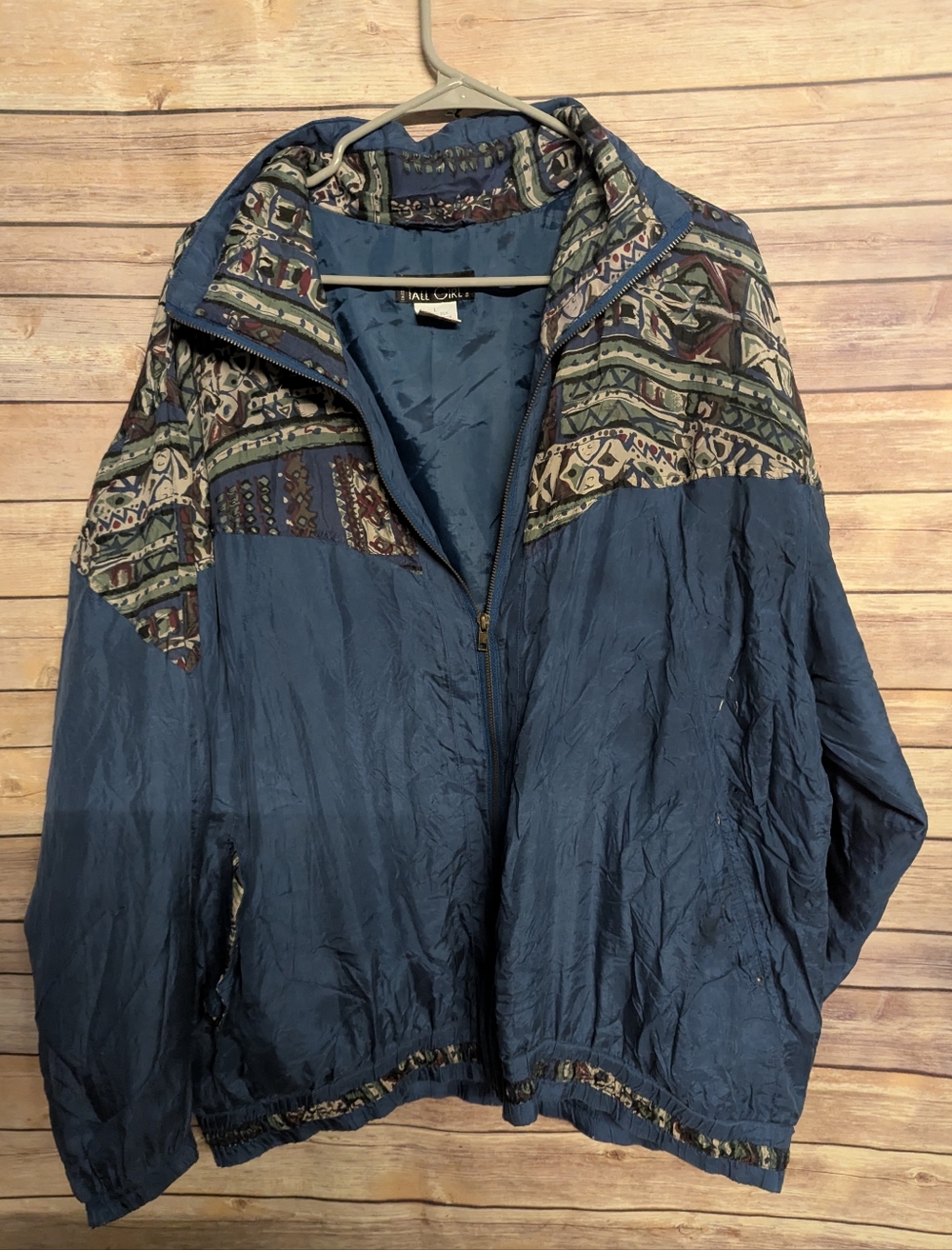 Vintage Tall Girl Silk Bomber Jacket Women’s Large Blue Tribal Geometric Windbre